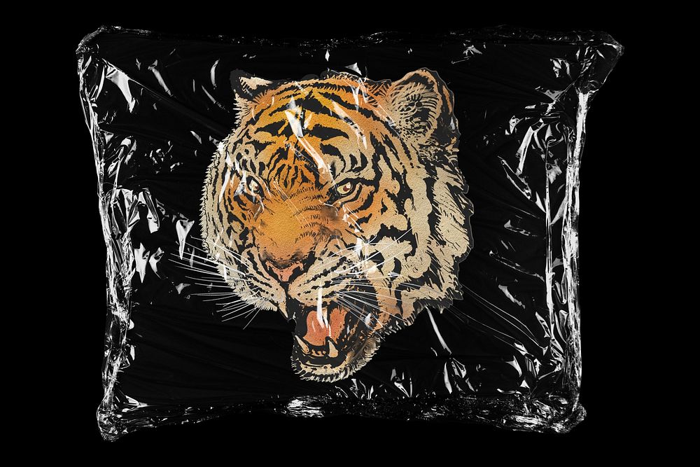 Roaring tiger in plastic bag, wildlife creative concept art