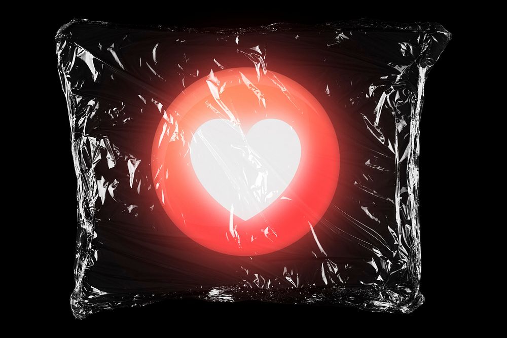 Glowing neon heart in plastic bag, icon creative concept art