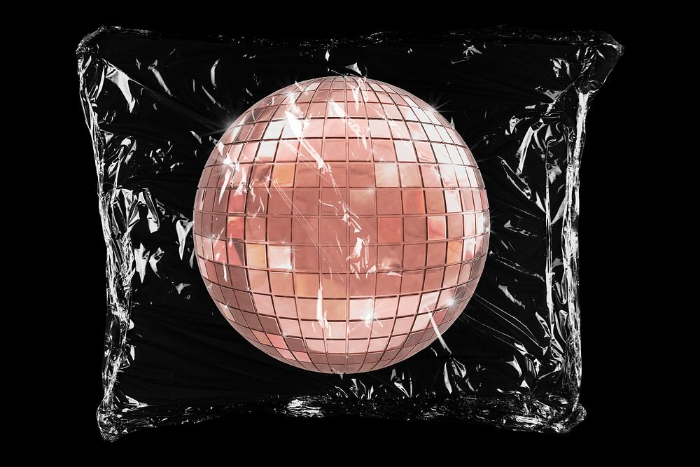 Pink disco ball in plastic bag, party decoration creative concept art
