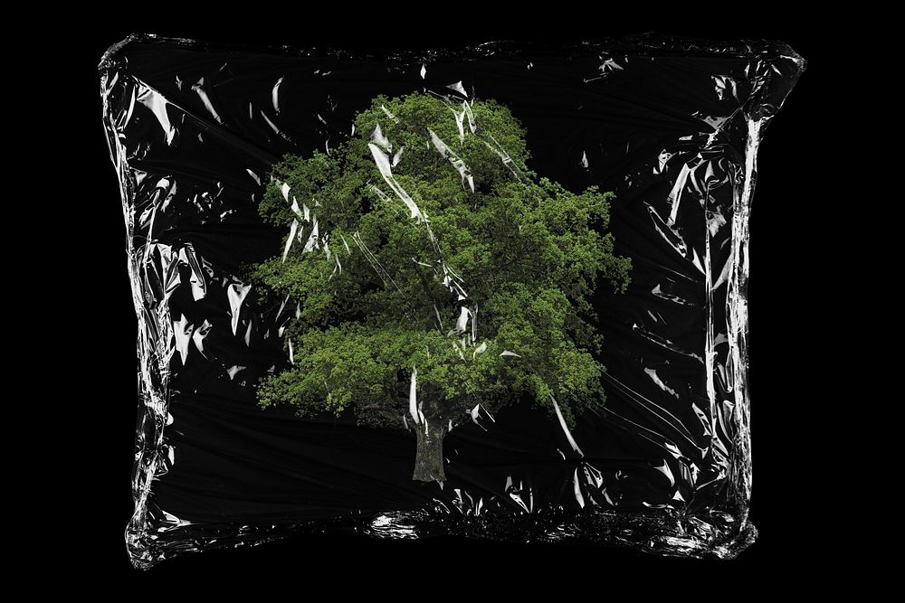 Lone tree in plastic bag, nature, environment creative concept art