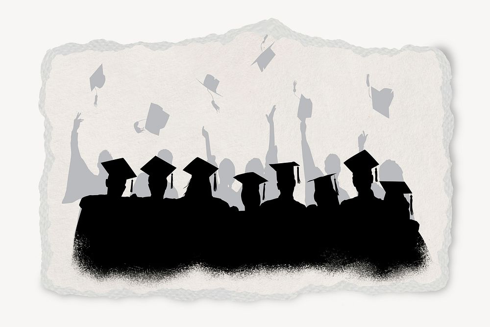 University graduates silhouette, torn paper collage element