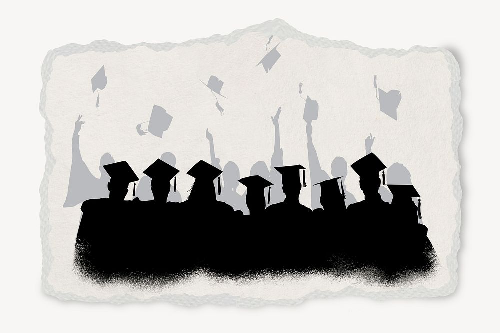 University graduates silhouette, torn paper sticker, education design