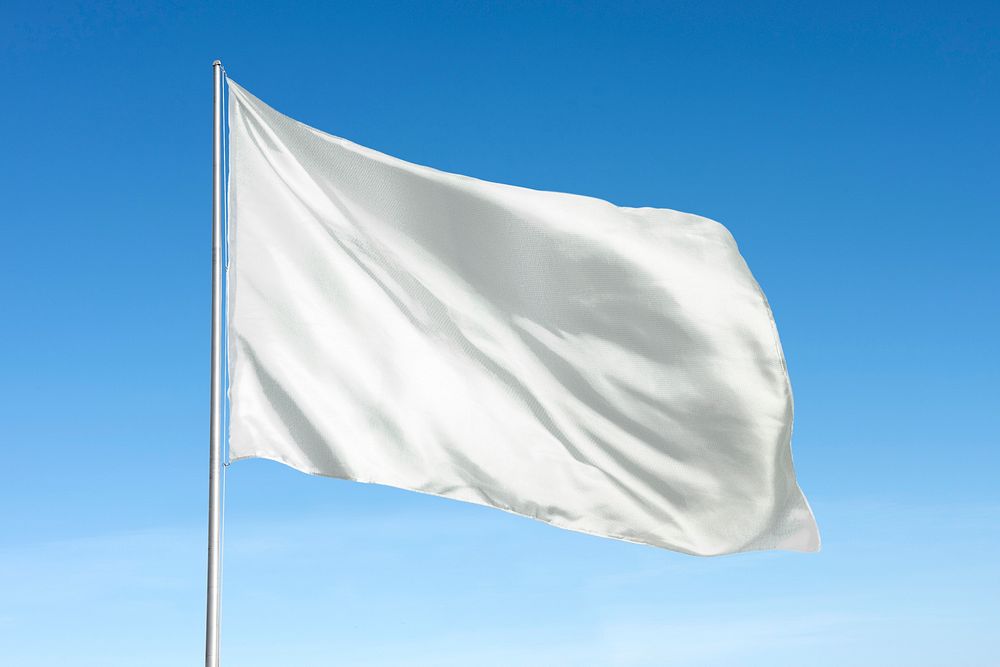 Waving white mockup flag psd, blue sky psd