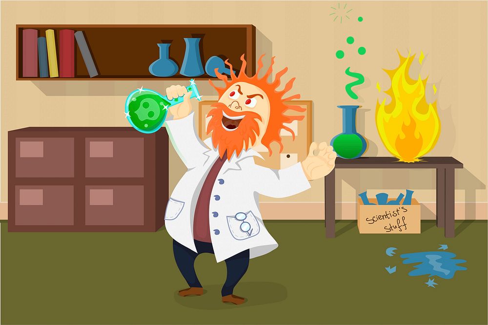 Science cartoon background, mad scientist illustration clipart, illustration vector. Free public domain CC0 image.