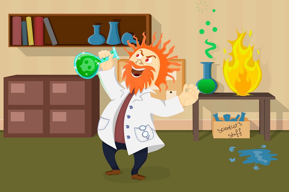 Science cartoon background, mad scientist illustration clipart, illustration psd. Free public domain CC0 image.