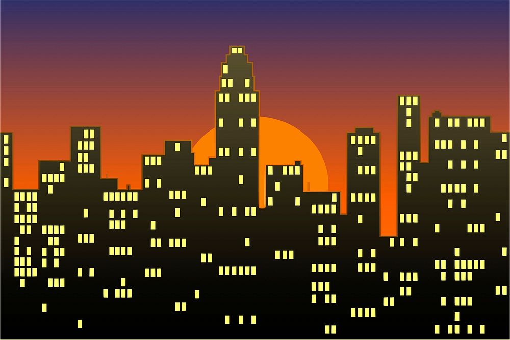 Sunset cityscape clipart, illustration vector. Free public domain CC0 image.