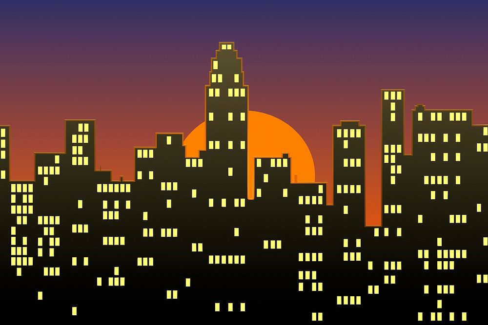 Sunset cityscape clipart, illustration. Free public domain CC0 image.