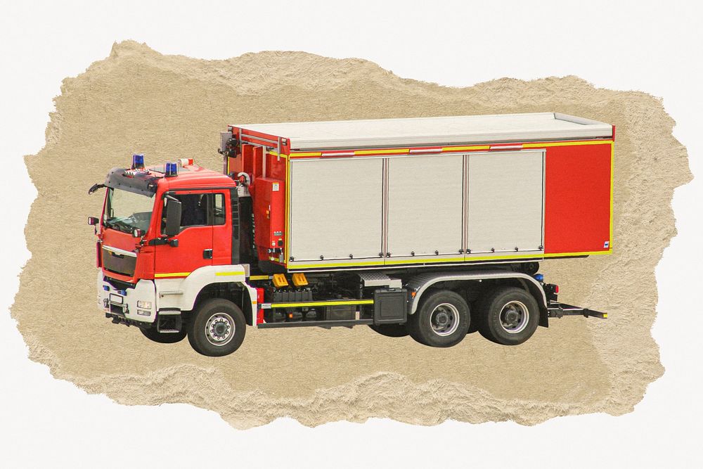 Firetruck, vehicle, ripped paper collage element