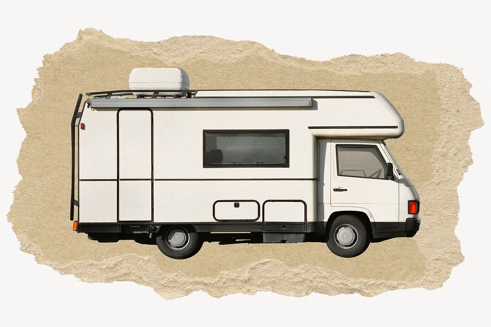 Camper van, ripped paper collage element