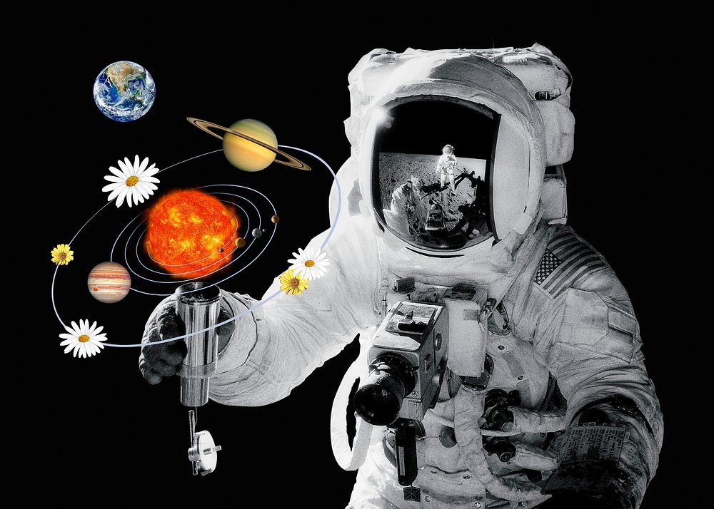 Floral solar system, astronaut, surreal galaxy remix