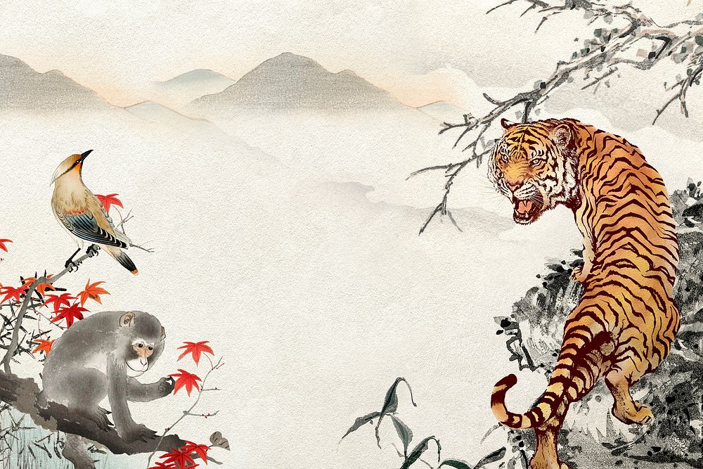 Roaring tiger background, Ohara Koson famous illustration remixed by rawpixel