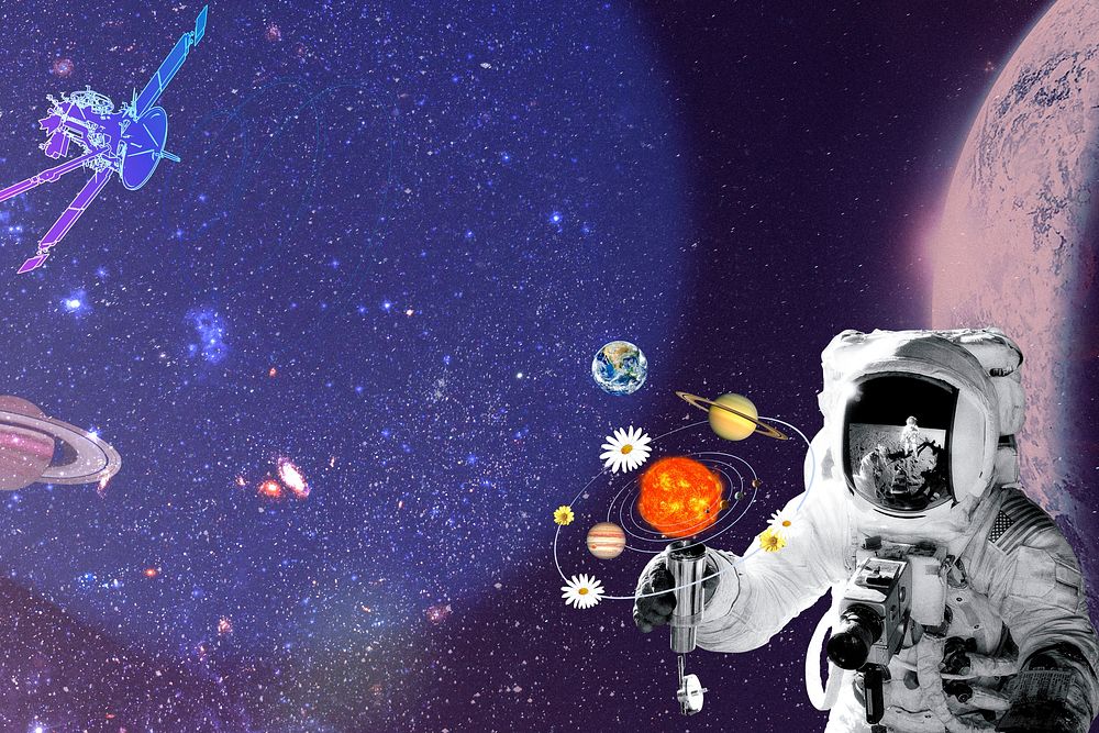 Aesthetic galaxy background, surreal astronaut remixed media