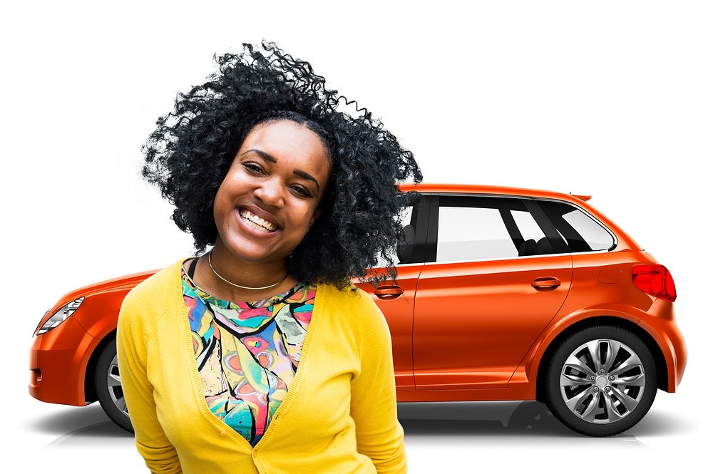 Illustration of an orange hatchback car with a woman