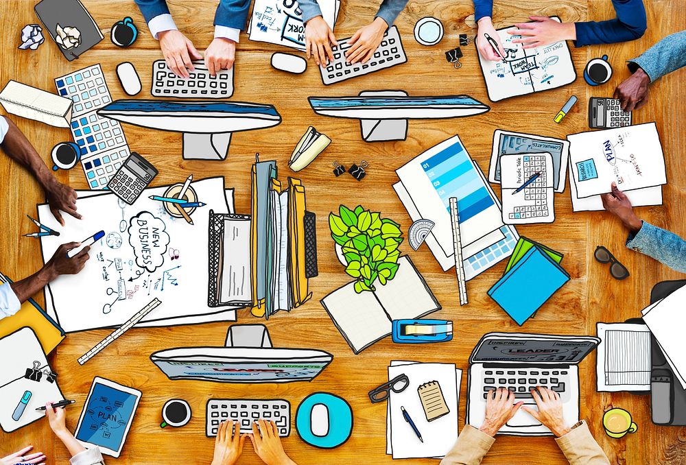 People Working at Messy Table in Photo and Illustration