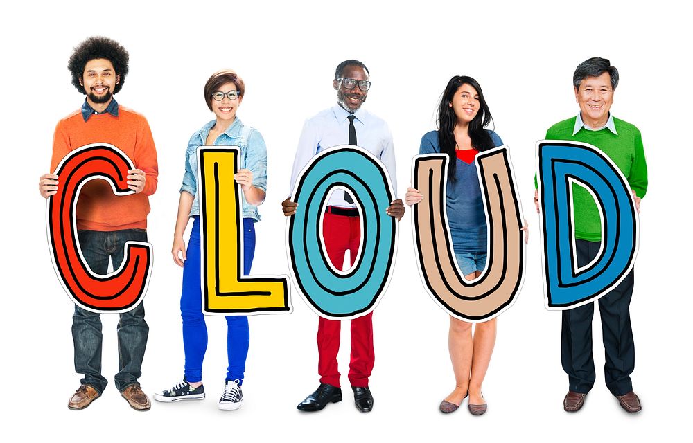 Group of People Standing Holding Cloud Letter