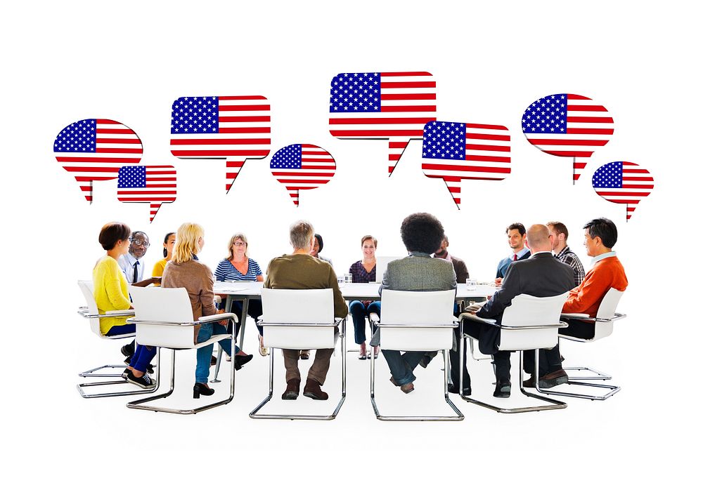 Multi-Ethnic People in a Meeting and a Flag of United States in Speech Bubbles Above