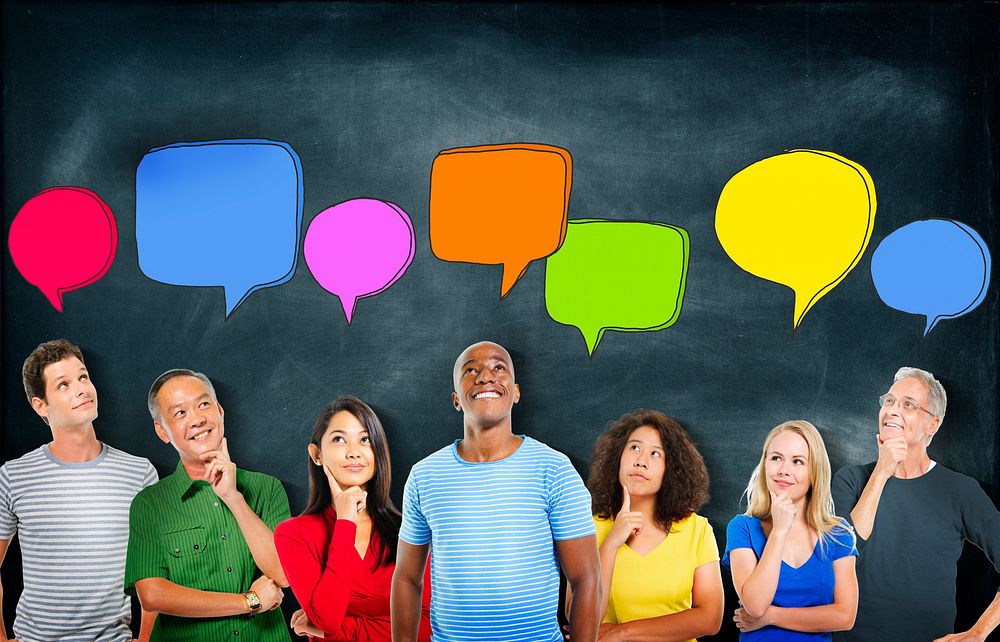 Cheerful and Diverse People Thinking and Speech Bubbles