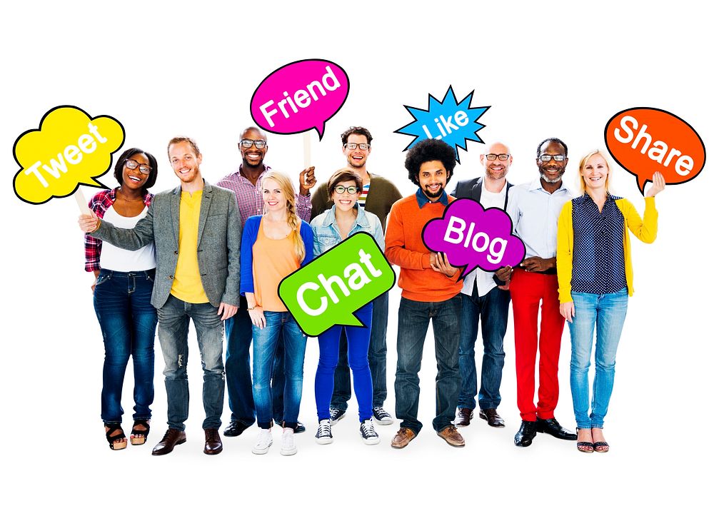 Group Of Multi-Ethnic People Holding Speech Bubbles With Words Related To Social Networking