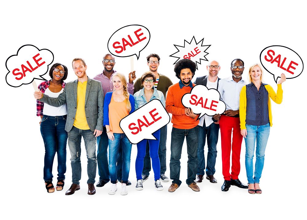 Group Of Happy Multi-Ethnic People Holding Speech Bubbles With The Word Sale