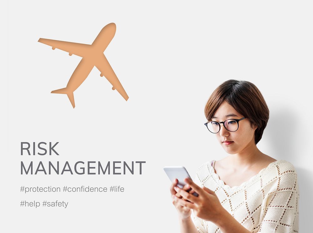 Woman using mobile phone with illustration of aviation life insurance traveling trip