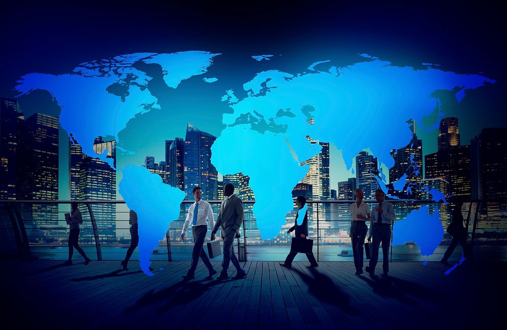 world map, workers walking, office buildings, walking human silhouette people