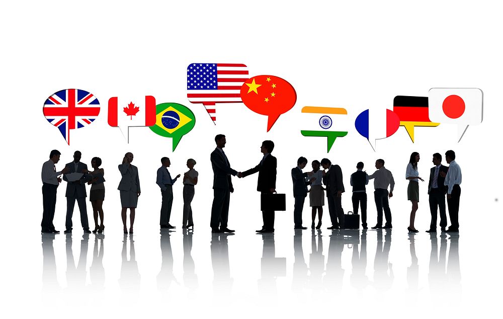 Group Of International Business People Talking To Each Other In A White Background