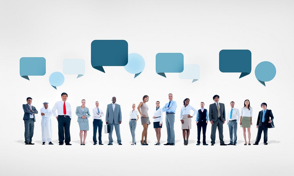 Multiethnic Business People in a Row with Speech Bubbles Above
