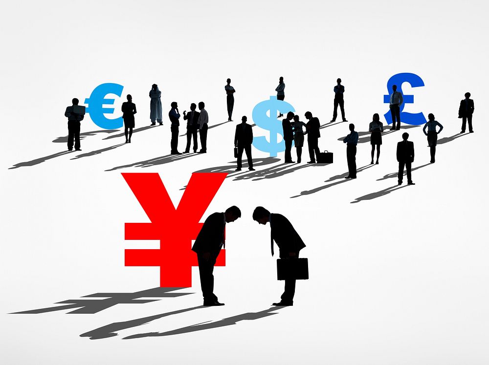 Group Of Business People In A White Background With Currency Symbols.