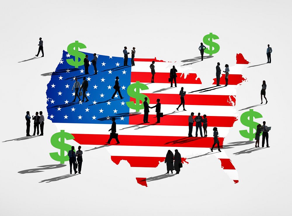 American flag with it's currency and a group of business people.