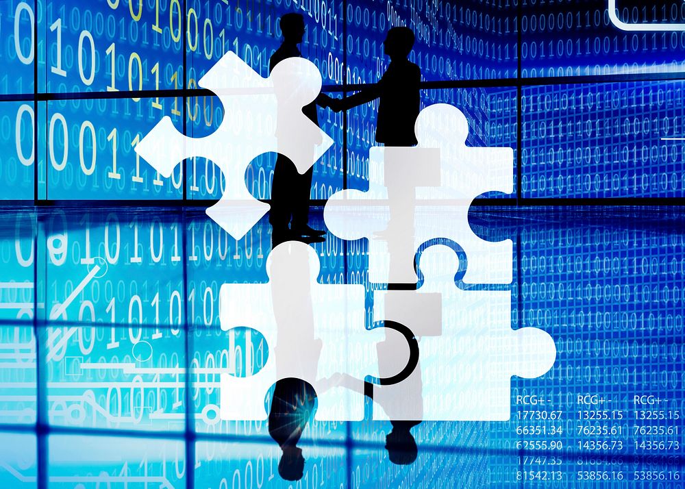 Jigsaw Puzzle Corporate Connection Teamwork Binary Code Concept