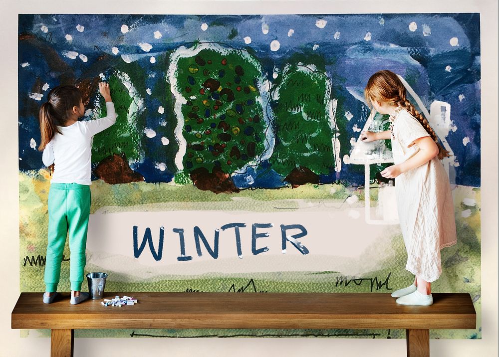 Children painting home winter drawing