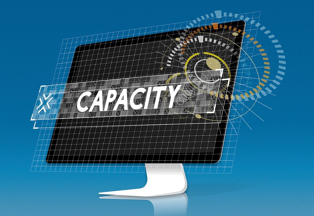 Capacity word graphic design with computer screen