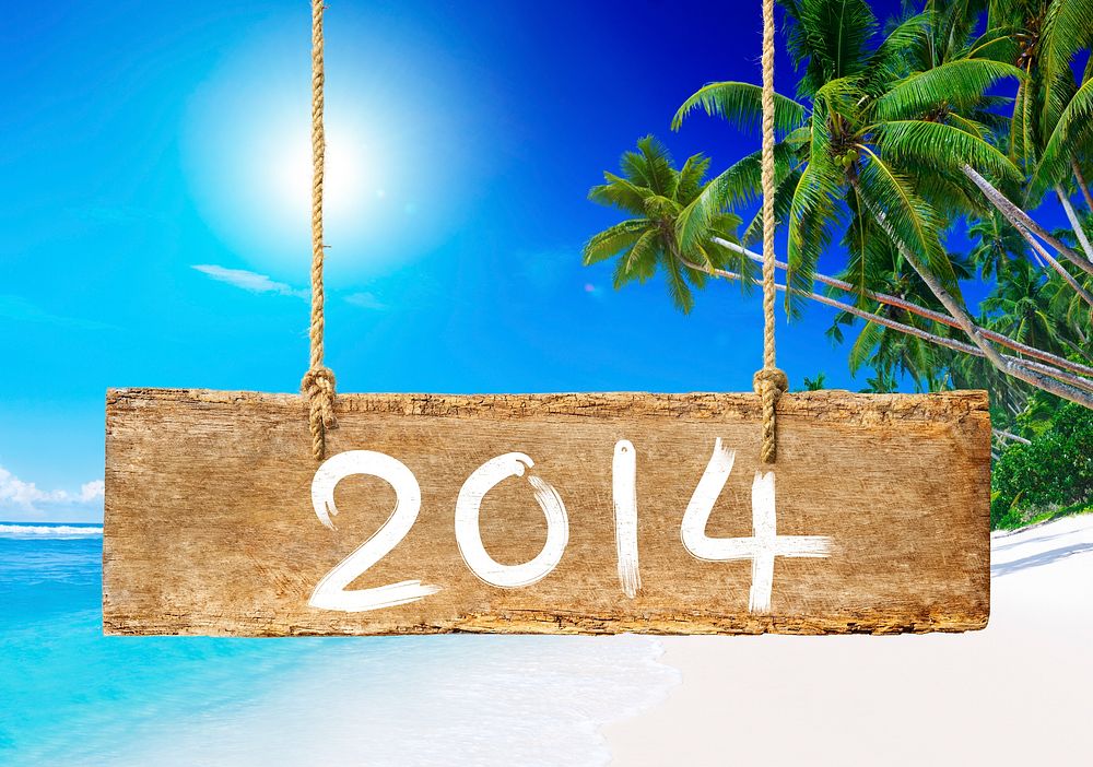 Summer 2014: A Hanging Wood Banner with the Text "2014" in a Beach Background