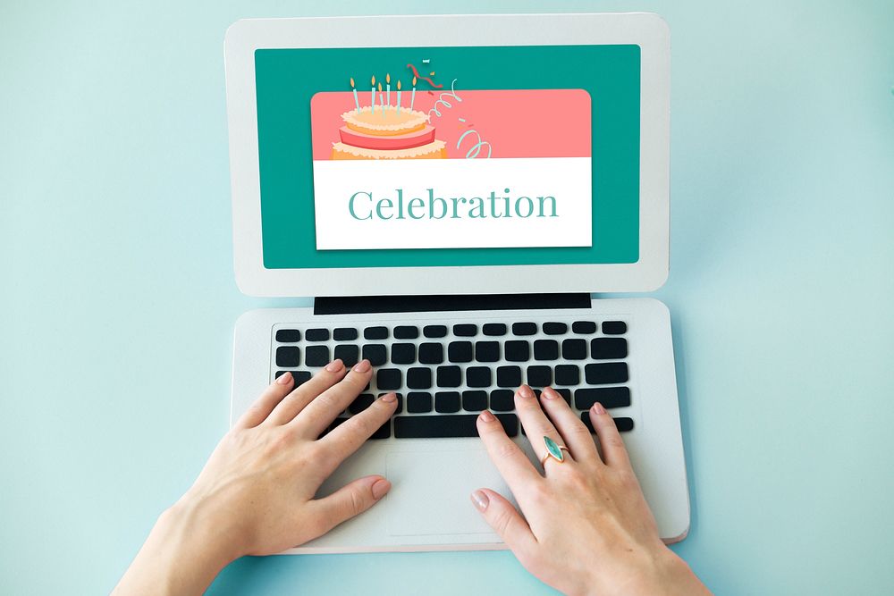 Illustration of birthday party event celebration with cake on laptop