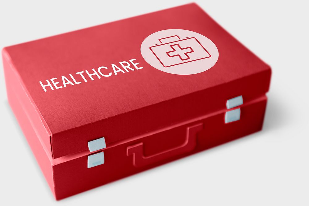 Healthcare concept word on a first aid box