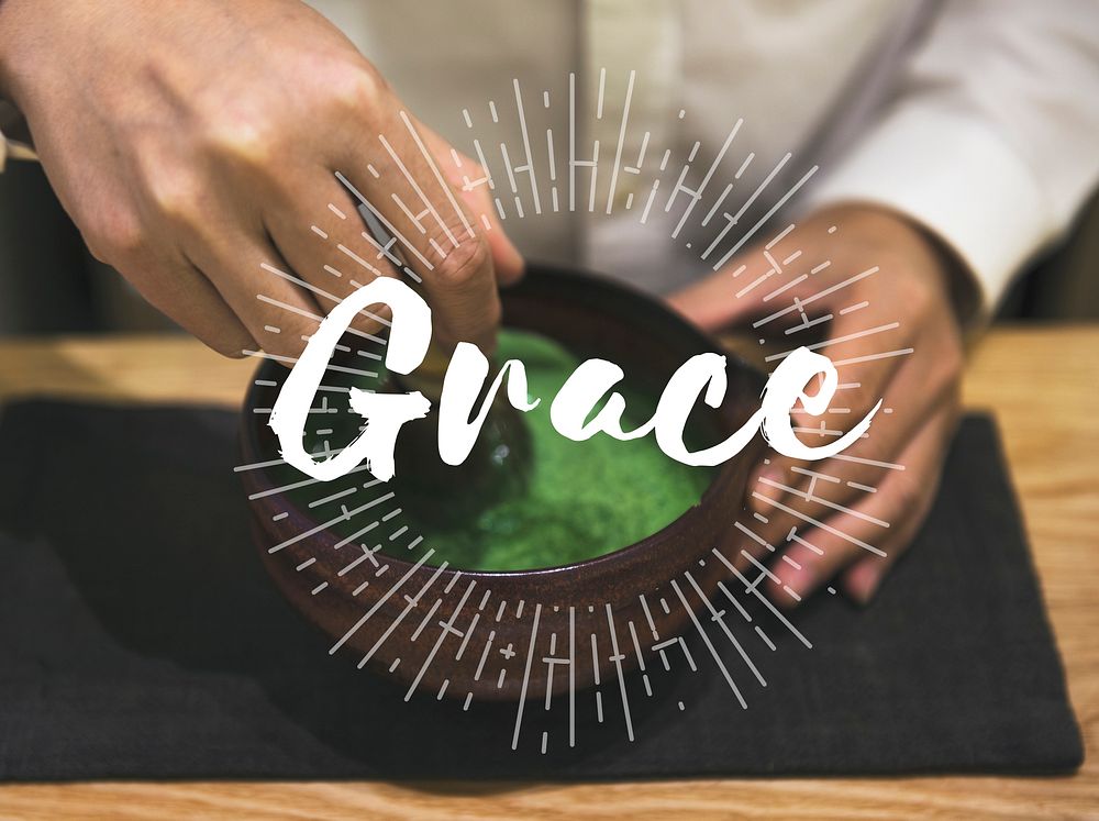 Hands with Japanese Green Tea and Grace Graphic Word