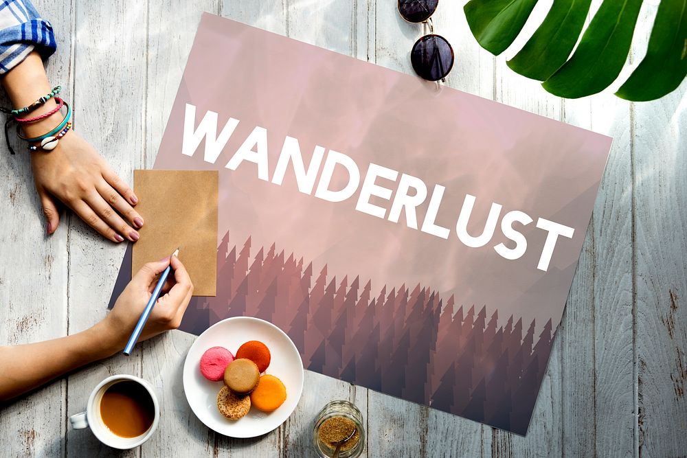 Wanderlust word on nature background with trees