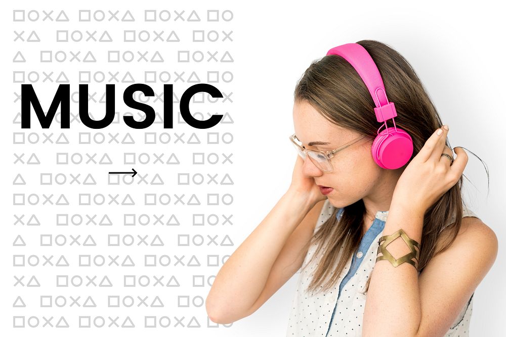 Girl using headphones network graphic overlay background
