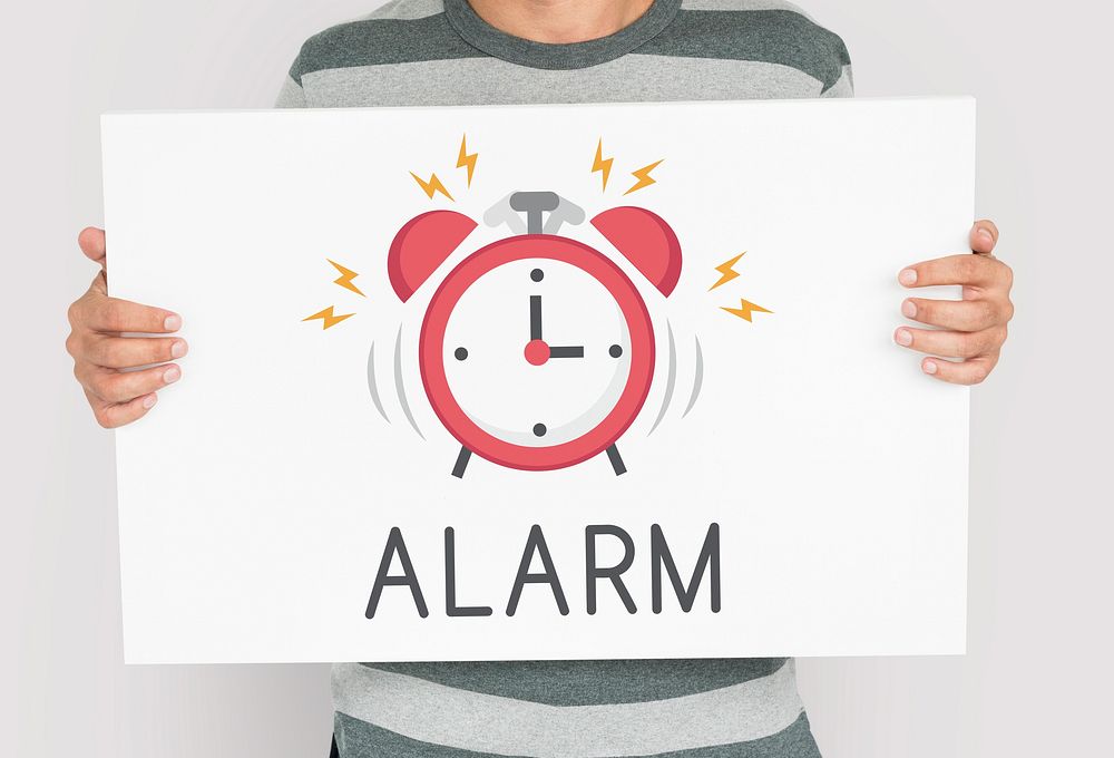 Man holding banner of alarm clock icon notification illustration