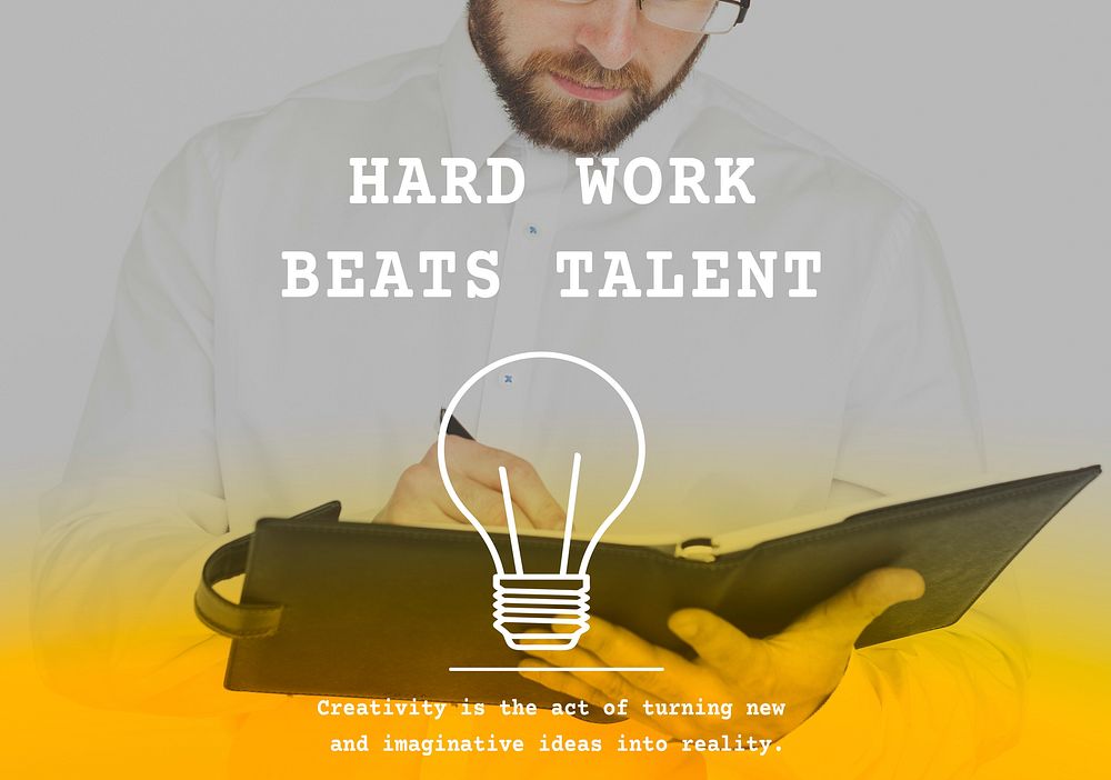 Hard Work Beats Talent Word on Adult Working Man Background
