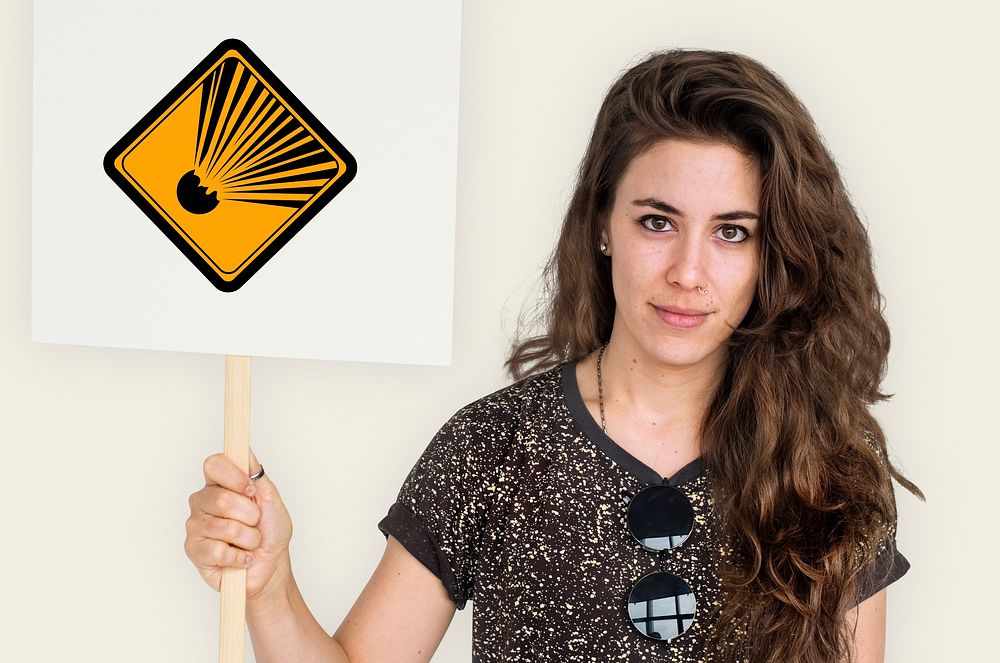 Studio Shoot Holding Banner with Explosion Attention Sign