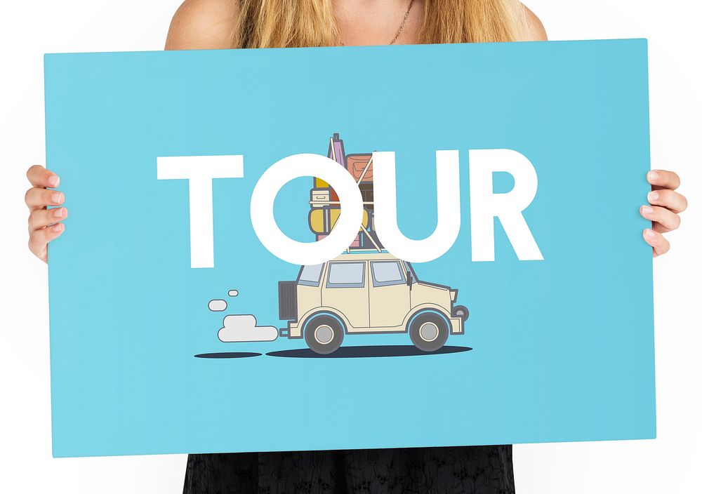 Woman holding illustration of discovery journey road trip traveling banner