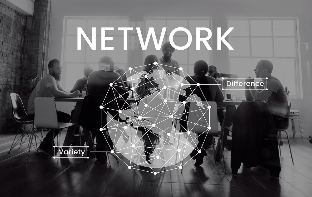 Workers having a meeting together network graphic
