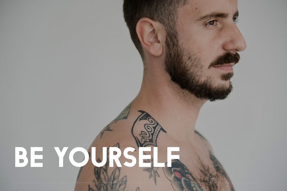 Life Motivation Word on Adult Tattoo Shirtless Man Background