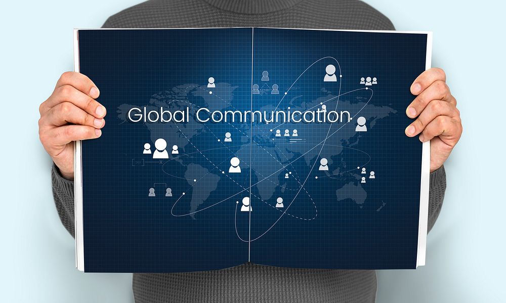 Man holding banner of global communication network technology illustration