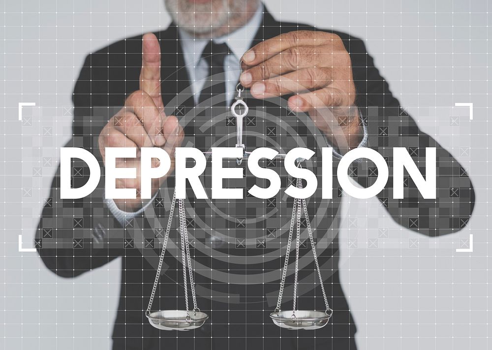 Businessman holding scale and depression word