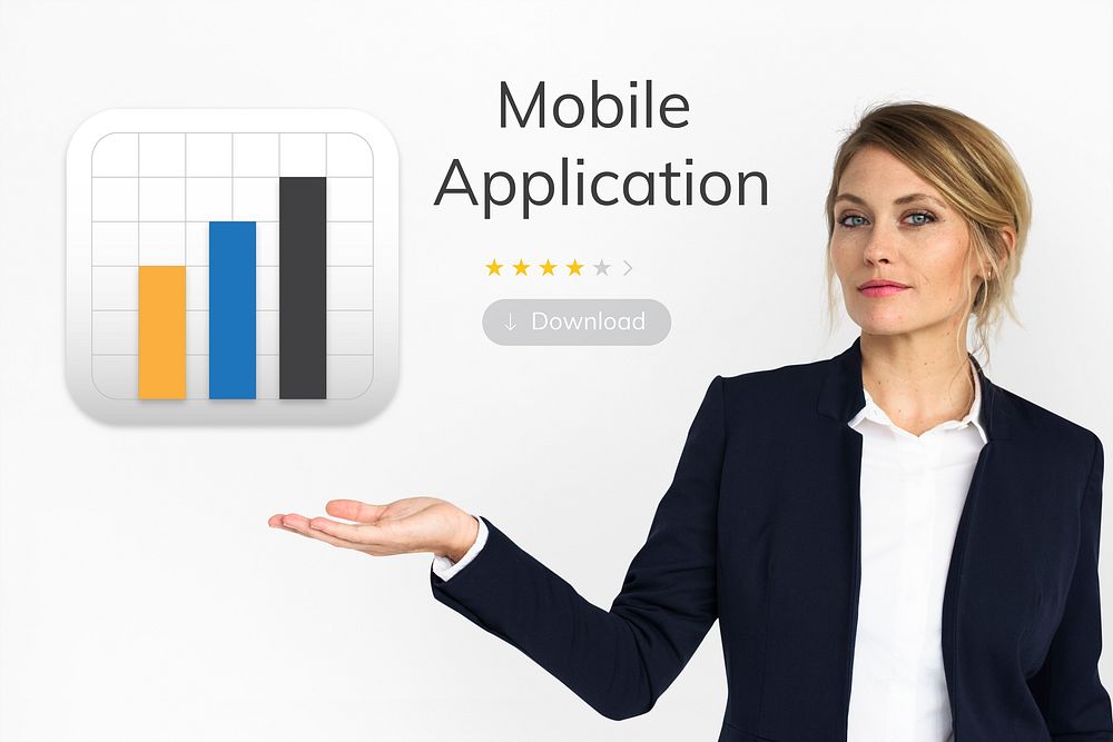 Businesswoman with mobile application graph download illustration