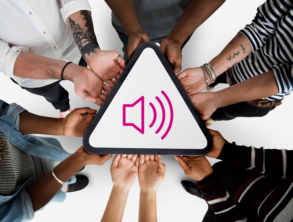 Speaker button icon graphic with people studio shoot