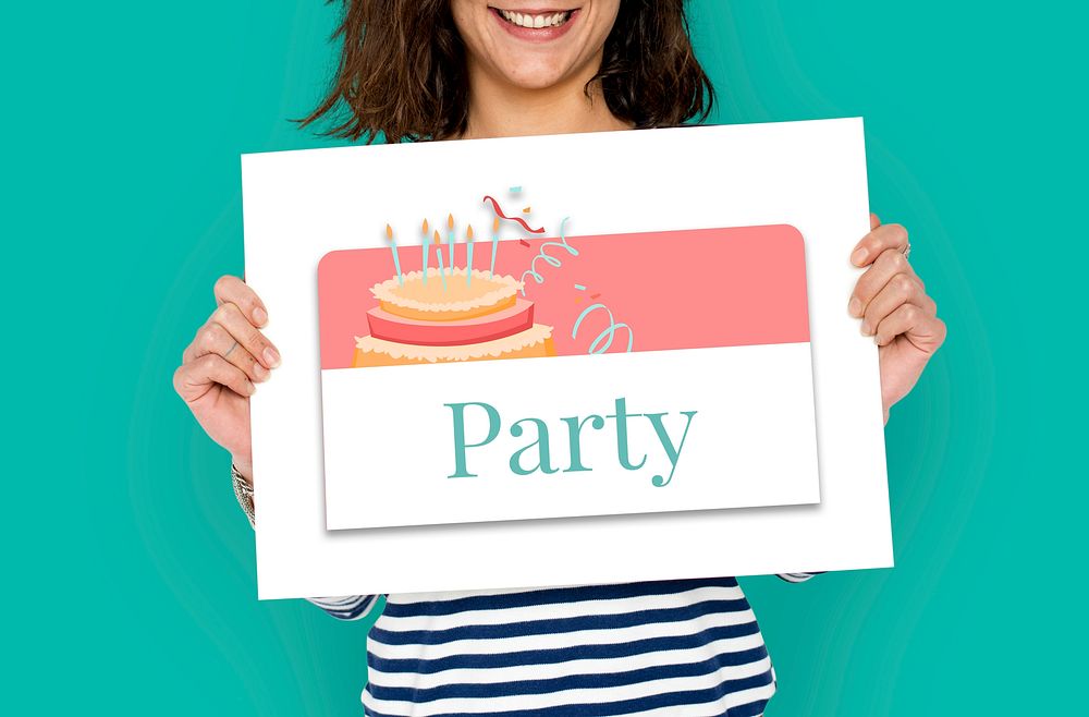 Illustration of birthday party event celebration with cake on banner