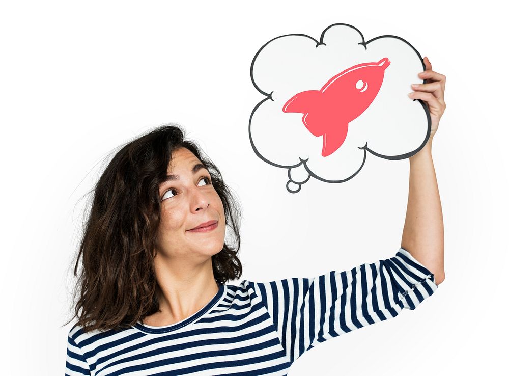 Woman holding thinking bubble with spaceship icon